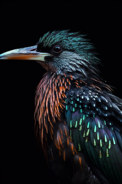 A bird with a black background and a bright orange beak.