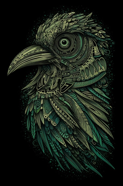 A bird with a black background and a green bird on the front.