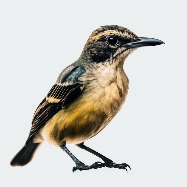 A bird with a black beak and blue eyes is sitting on a white background.