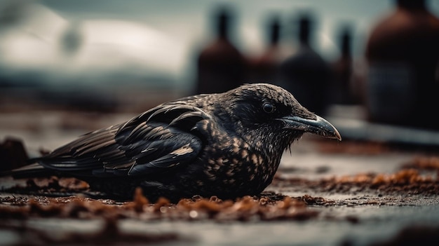 A bird with a black beak sits on a brick surface.