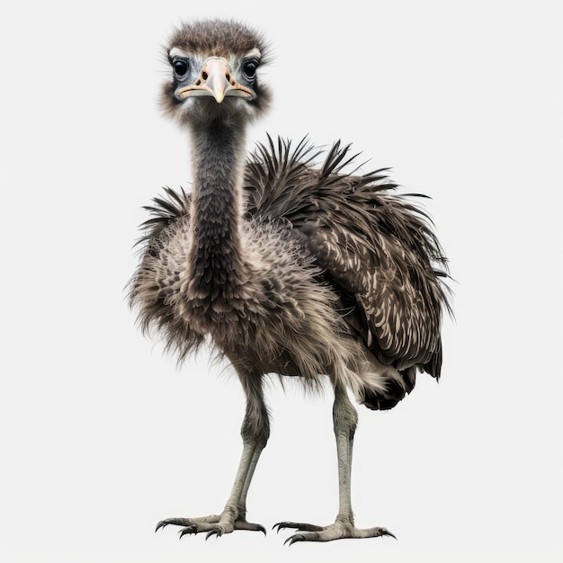 A bird with a black head and blue eyes is standing on a white background.