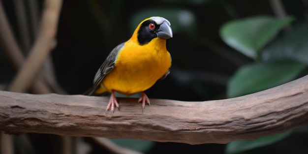 A bird with a black head and orange eyes sits on a branch.