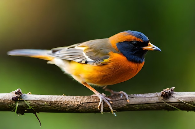 A bird with a black head and orange head is sitting on a branch.