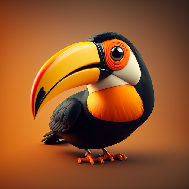 A bird with a black and orange beak and orange eyes is standing on a brown background.