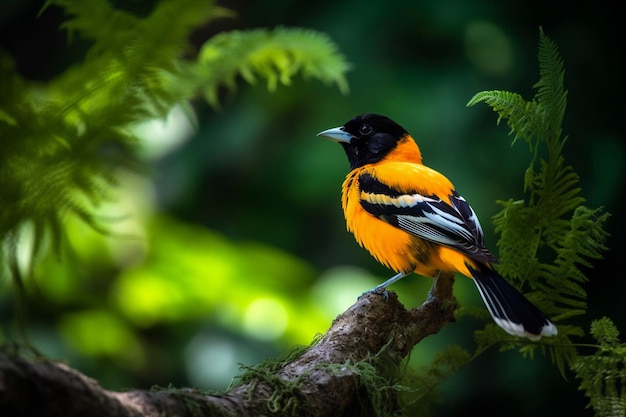 A bird with a black and orange body and black feathers