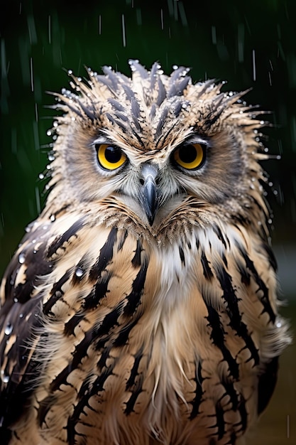 A bird with a black and white face and yellow eyes is standing in the rain.