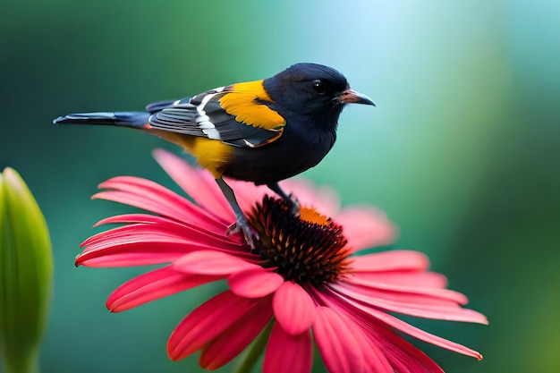 A bird with a black and yellow body sits on a flower.