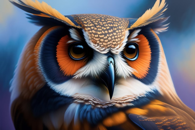 A bird with a blue background and orange eyes