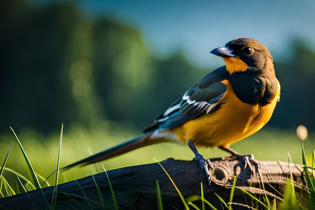 A bird with a blue and black face sits on a branch in the grass.