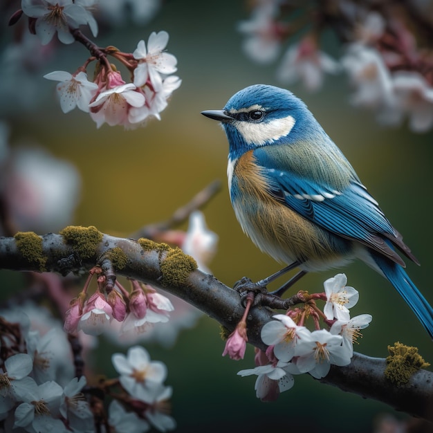 A bird with a blue chest sits on a branch of a tree with pink flowers.