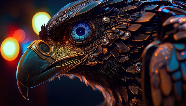 A bird with a blue eye and a gold ring on its beak