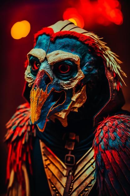 A bird with a blue face and red eyes stands in front of a red background with yellow lights