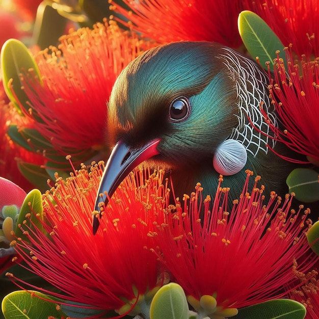 Photo a bird with a blue head and a red beak sits among the flowers