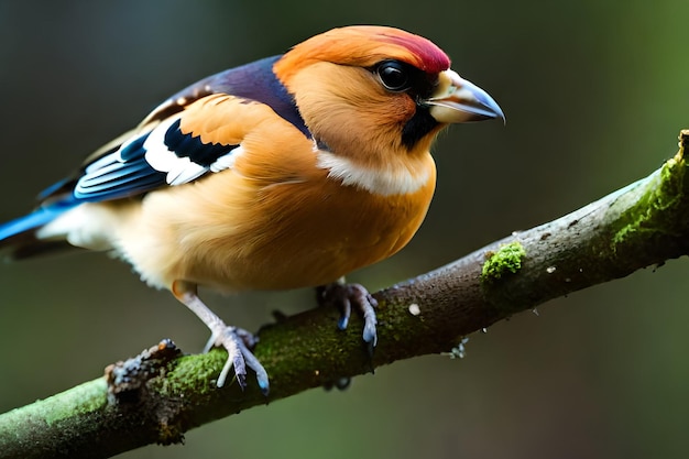 A bird with a blue head and red on the chest sits on a branch.