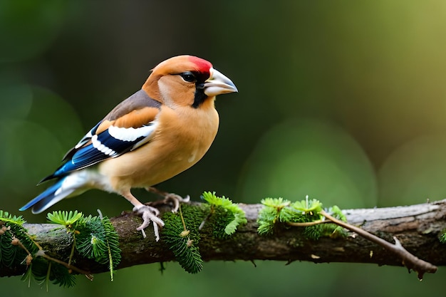 A bird with a blue head and red on the tip of its tail is sitting on a branch.