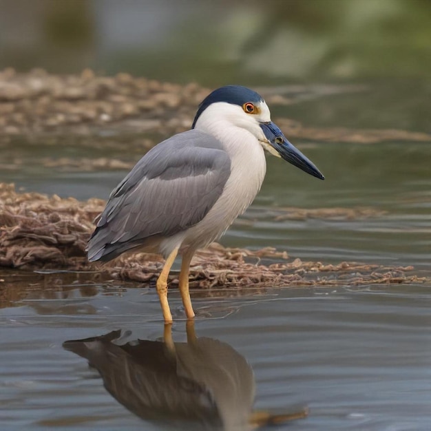 a bird with a blue head and yellow beak is standing in the water