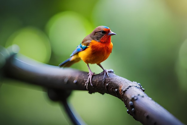 A bird with a blue and orange body sits on a branch.