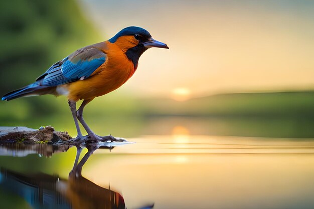 A bird with a blue and orange body stands on a branch in front of a sunset.