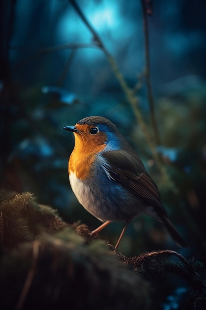 A bird with blue and orange feathers sits on a branch.