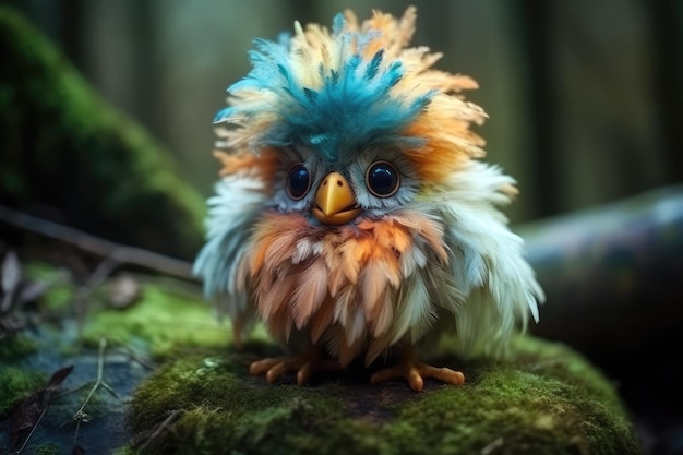 A bird with a blue and orange head and blue feathers sits on a mossy log.