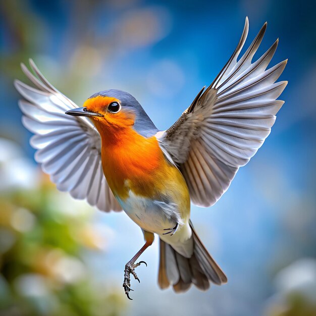 Photo a bird with a blue and orange head is flying in the air