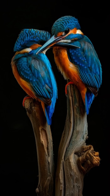 a bird with a blue and orange head and tail feathers on the right