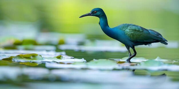 Bird with Blue Plumage and Green Body Walking on Lily Pad in Lake Concept Birds Nature Photography Wildlife Lily Pads Colorful Plumage