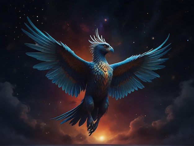 a bird with a blue tail is flying in the sky with the stars in the background