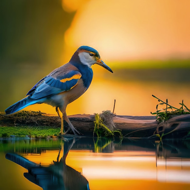 A bird with blue and white feathers stands in the water next to a log.