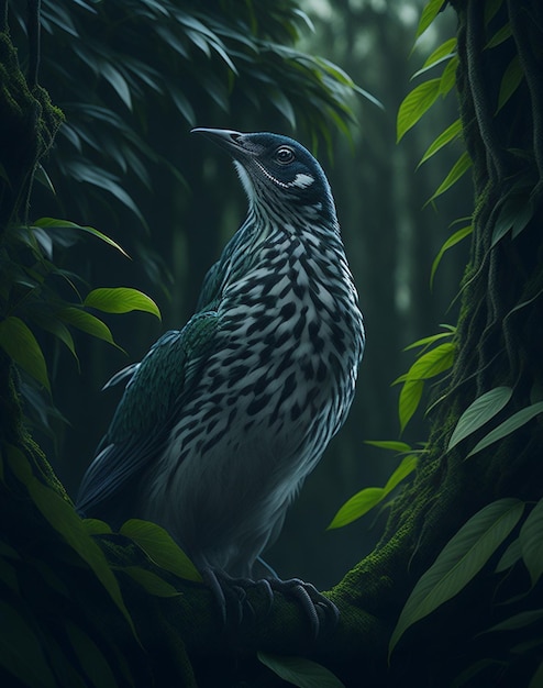 A bird with a blue and white pattern on its chest stands in a dark forest