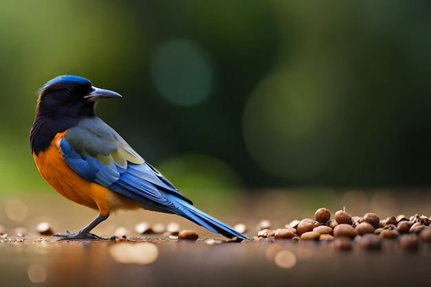 A bird with blue wings sits on a wooden surface with a green background.