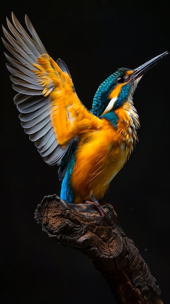 a bird with a blue and yellow body and tail feathers