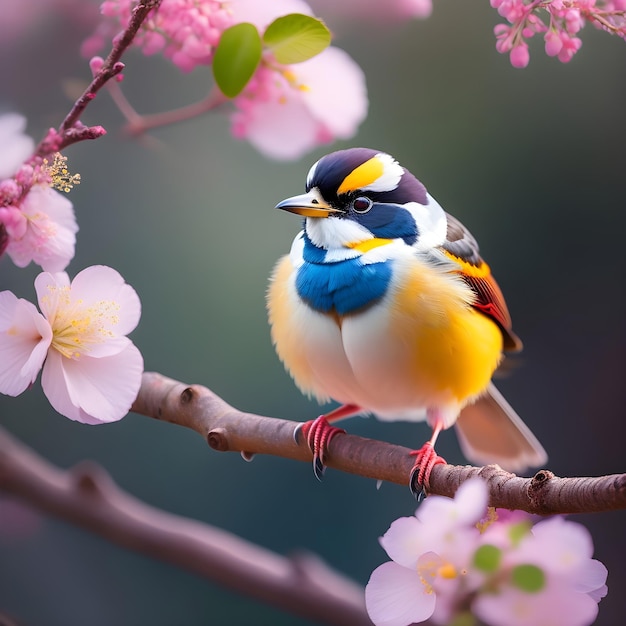 A bird with a blue and yellow breast sits on a branch of a tree with pink flowers