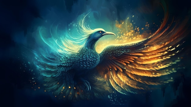 A bird with a blue and yellow wings is flying in the sky.