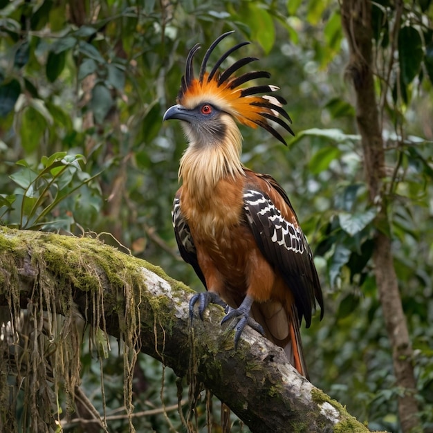 Photo a bird with a colorful head and long feathers sits on a tree branch