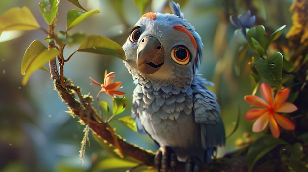 a bird with a colorful head and orange eyes sits on a tree branch