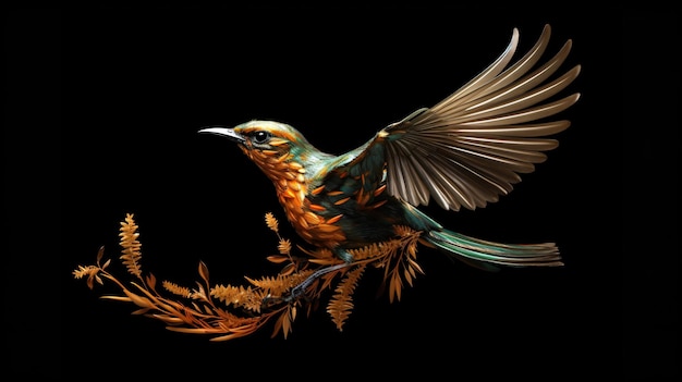 a bird with a colorful tail is flying in the air