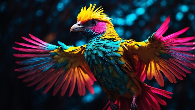 a bird with electrifying feathers that glow in vivid hues of neon yellow pink and turquoise