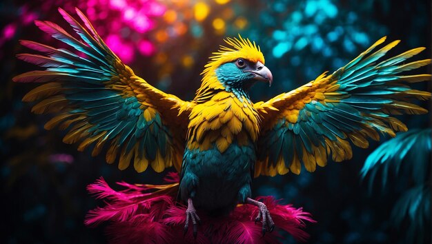 a bird with electrifying feathers that glow in vivid hues of neon yellow pink and turquoise