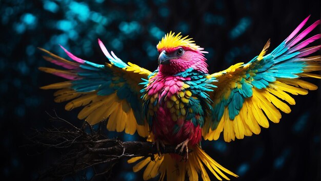 a bird with electrifying feathers that glow in vivid hues of neon yellow pink and turquoise