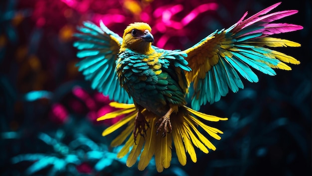 a bird with electrifying feathers that glow in vivid hues of neon yellow pink and turquoise