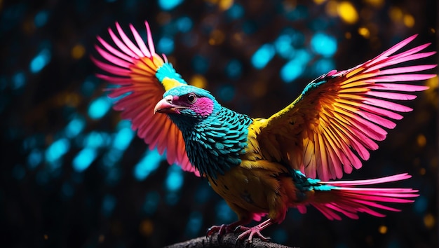 a bird with electrifying feathers that glow in vivid hues of neon yellow pink and turquoise