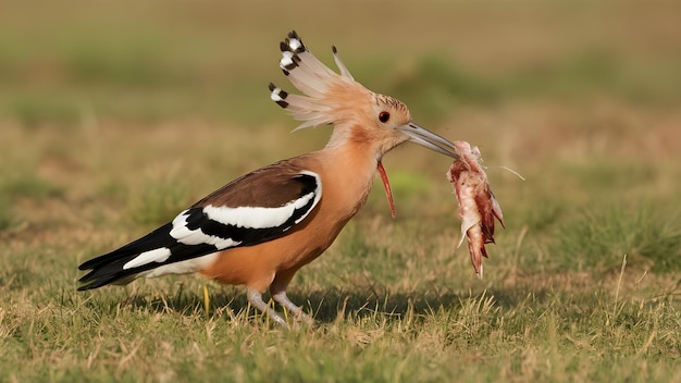 Photo a bird with a feather in its mouth and a piece of meat in the foreground