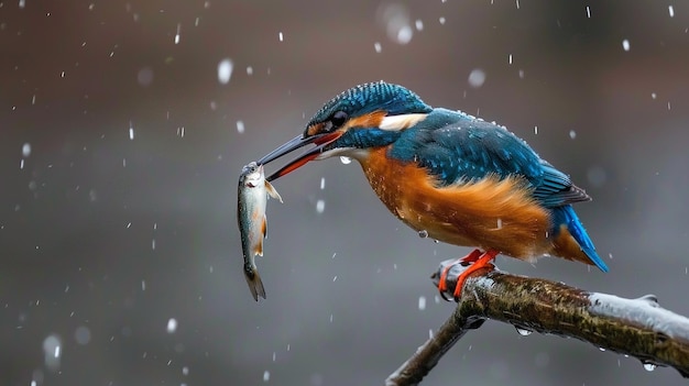 a bird with a fish in its beak is eating a fish