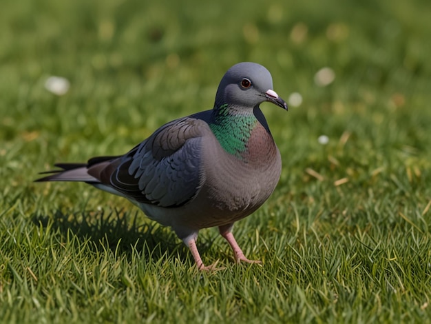 a bird with a green head and blue neck stands in the grass