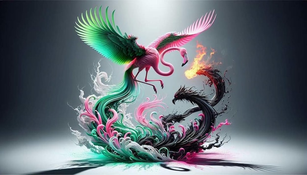 a bird with a green and red wings is flying over a dragon