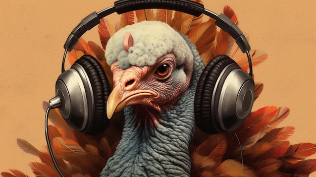 A bird with headphones and a headphone that saysi