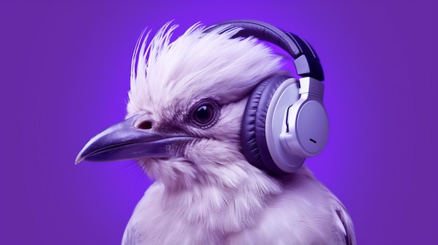 A bird with headphones and a purple background