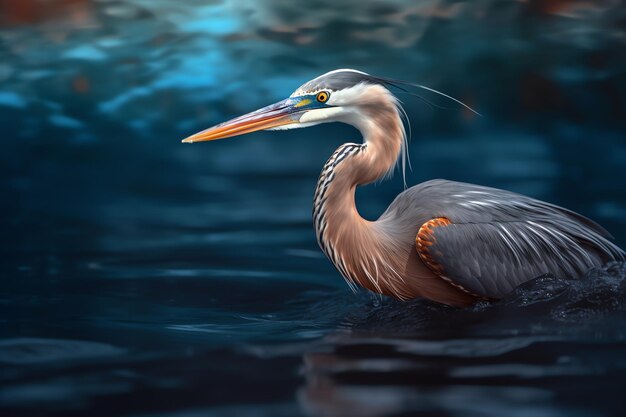 A bird with a long beak and blue eyes is swimming in the water.