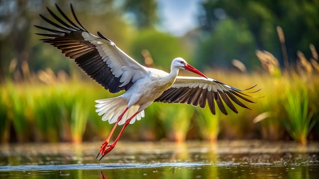 a bird with a long wing is flying over a pond